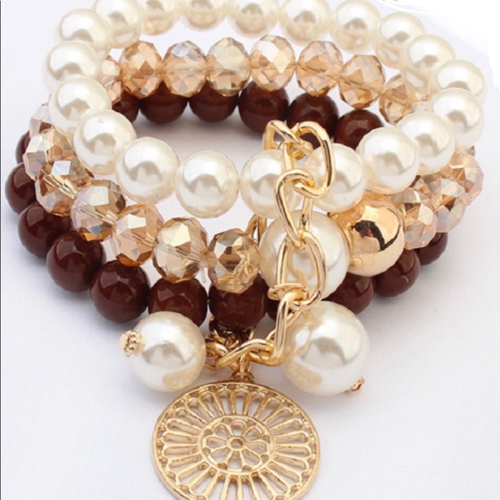 Cinnamon Charm Multi Layer Pearl Stretch Bracelet